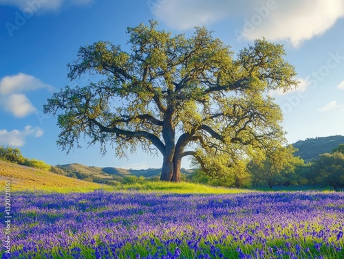 Wallpaper Mural Majestic Oak Tree Standing Guard Over a Field of Blue Wildflowers Torontodigital.ca