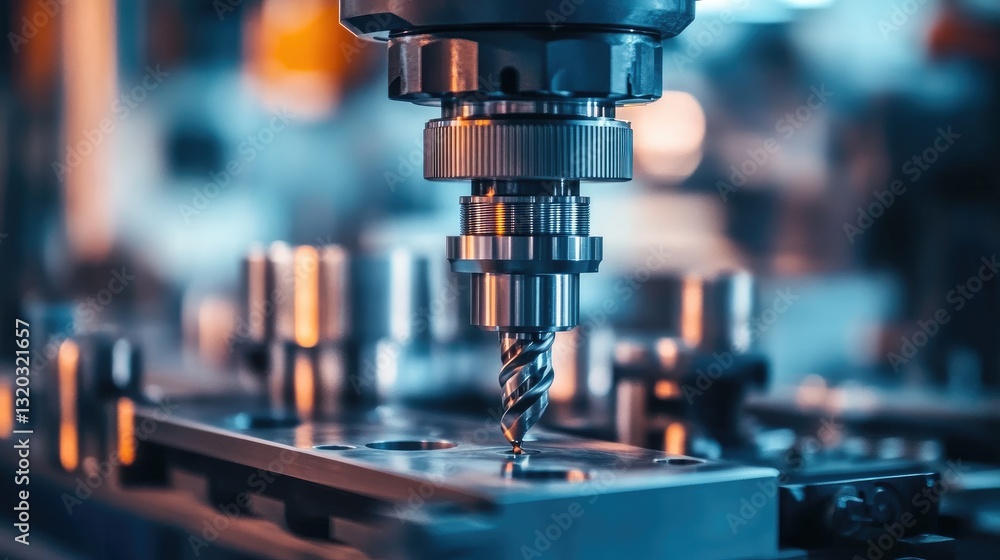Close-up of a high-speed drill press working on a mechanical component. Close-up of a high-speed drill press working on a mechanical component.