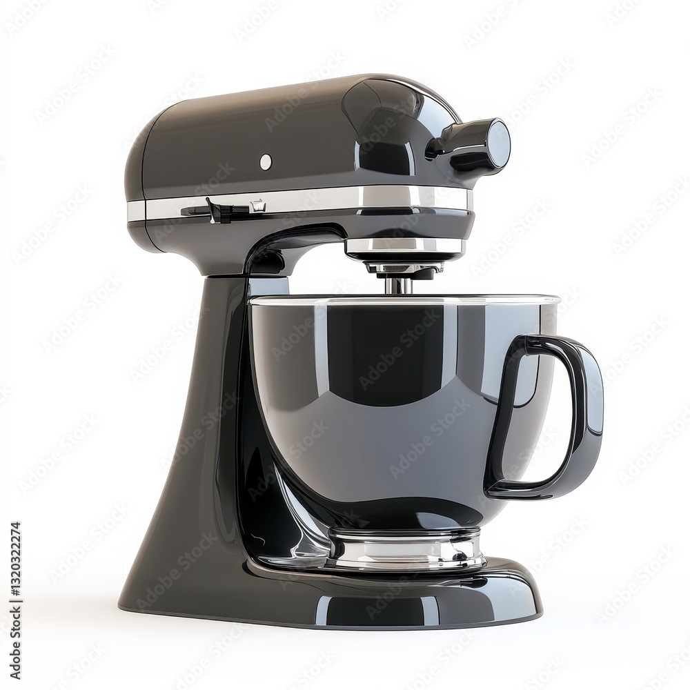 Sleek Black Stand Mixer With Matching Bowl On White Background, Generative Ai. Sleek Black Stand Mixer With Matching Bowl On White Background, Generative Ai.