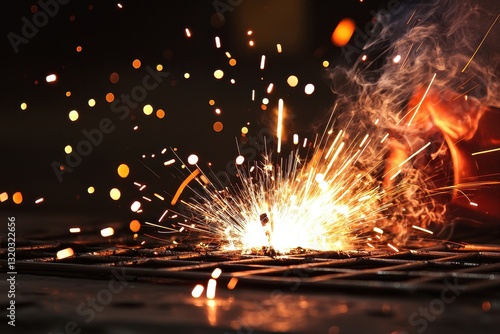A close-up image of sparks flying from metal during welding, showcasing intense light and dynamic motion in a dark environment.