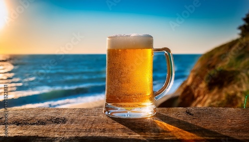 朝の海岸とビール