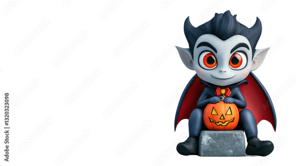 Obraz premium Cute and Spooky Vampire Character Figurine Holding a Jack o Lantern Pumpkin for Halloween Party and Autumn Season