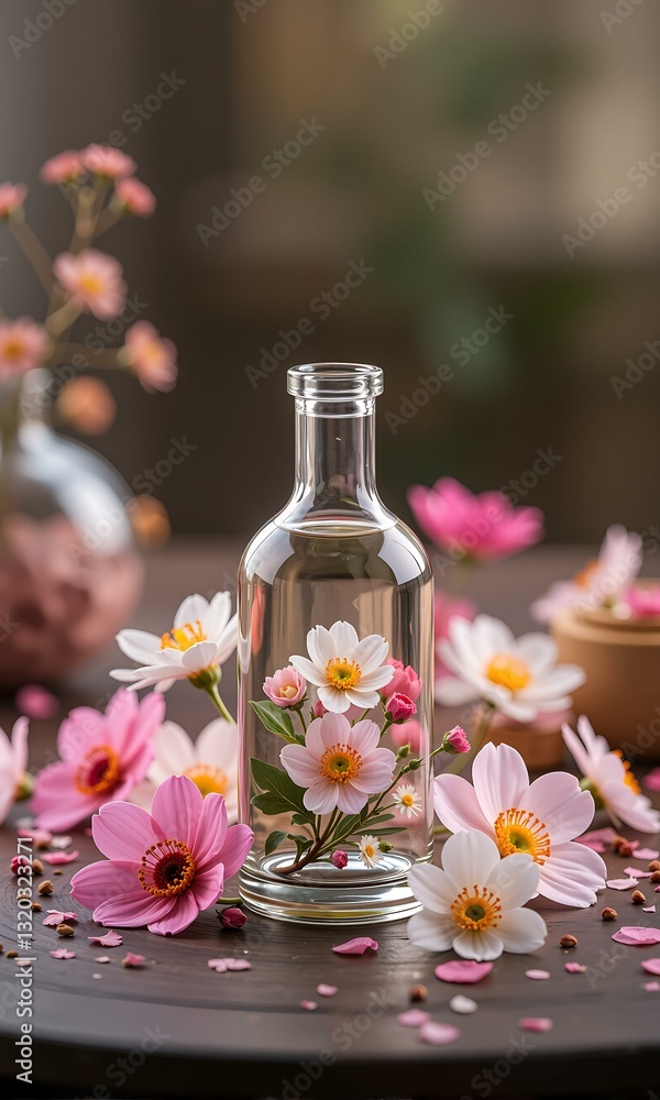 Obraz premium A glass bottle filled with water and flowers.