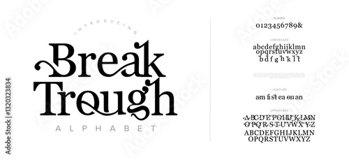 Breaktrough Elegant Font Uppercase Lowercase And Number. Classic Lettering Minimal Fashion Designs. Typography modern serif fonts regular decorative vintage concept. vector illustration