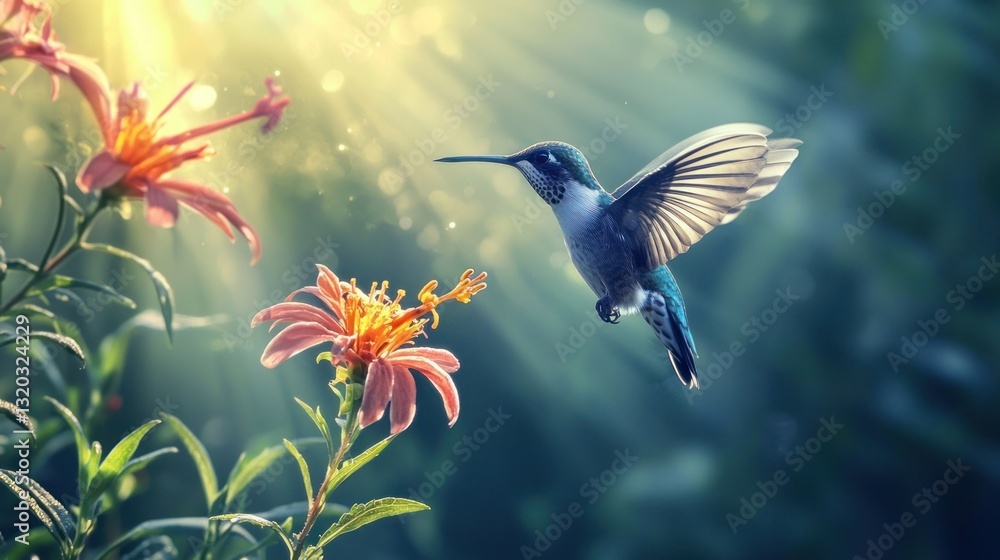 Hummingbird in flight near flowers, sunlit. Hummingbird in flight near flowers, sunlit.