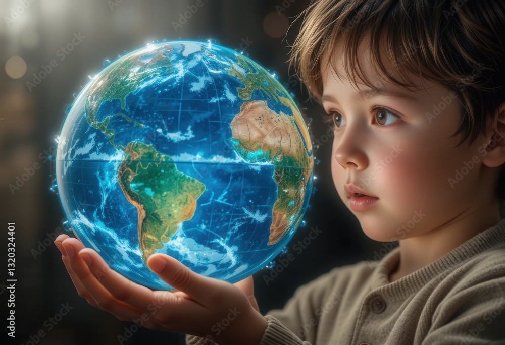 Child holds glowing globe symbolizing global awareness and care Child holds glowing globe symbolizing global awareness and care