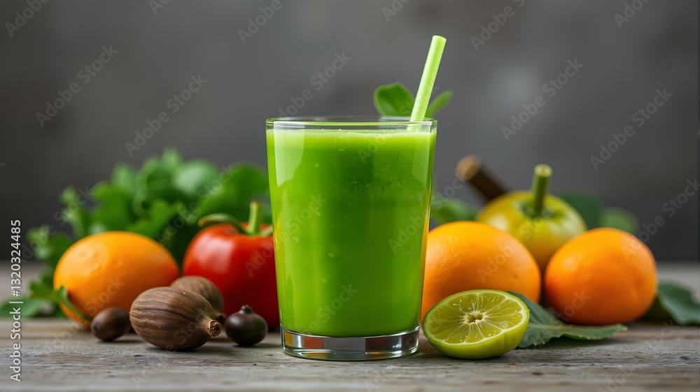 A green smoothie is sitting on top of fruits and vegetables.
