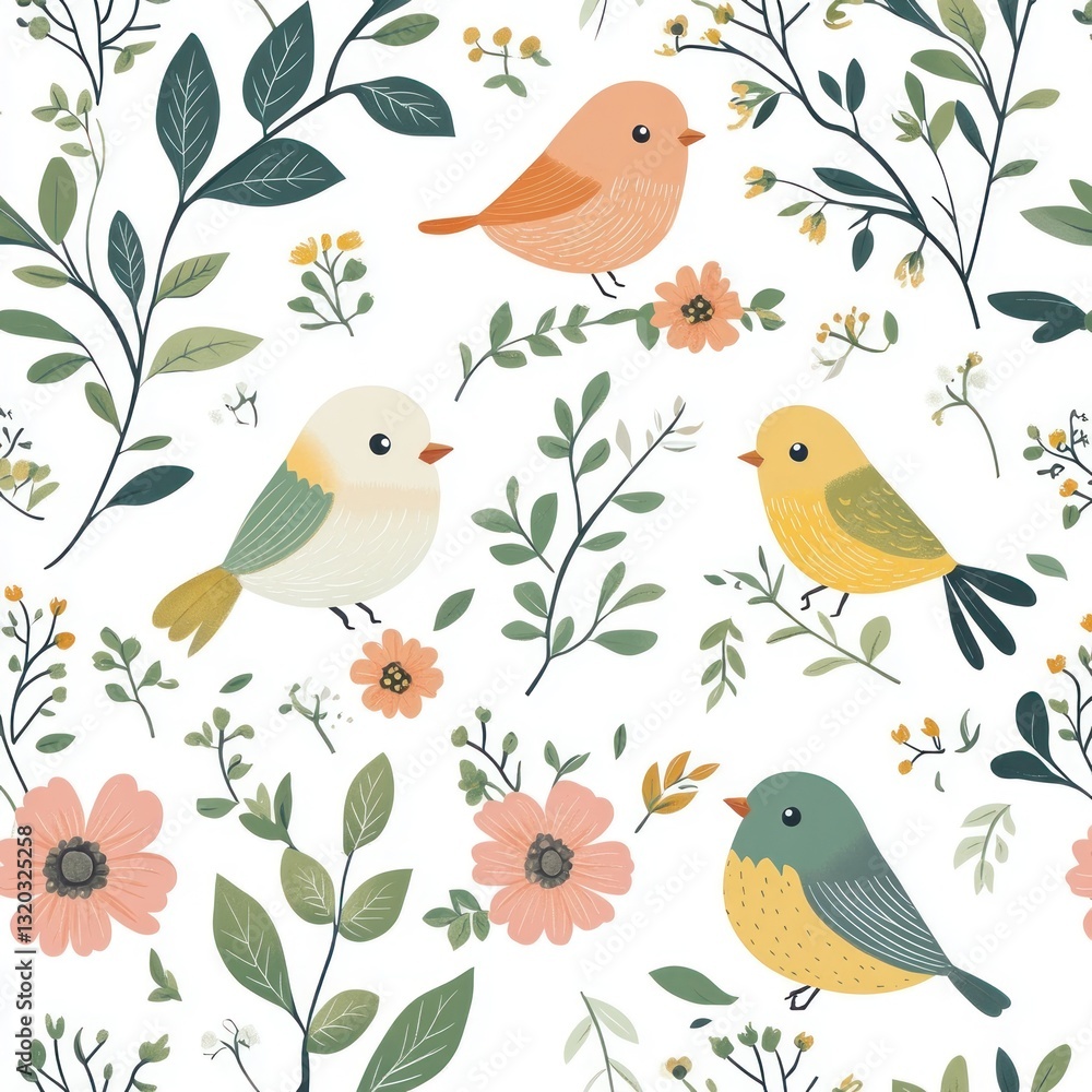 Cute birds and flowers seamless pattern on white background. Possible use fabric, wallpaper, wrapping paper Cute birds and flowers seamless pattern on white background. Possible use fabric, wallpaper, wrapping paper