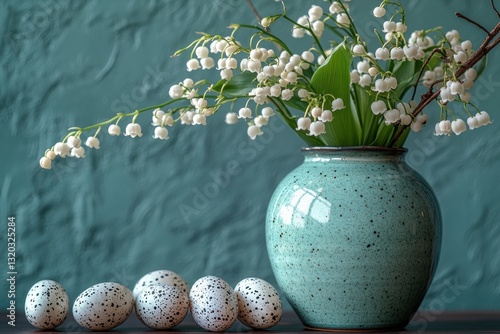 Easter Eggs and Spring Flowers in Light Blue Jar with Quail Eggs