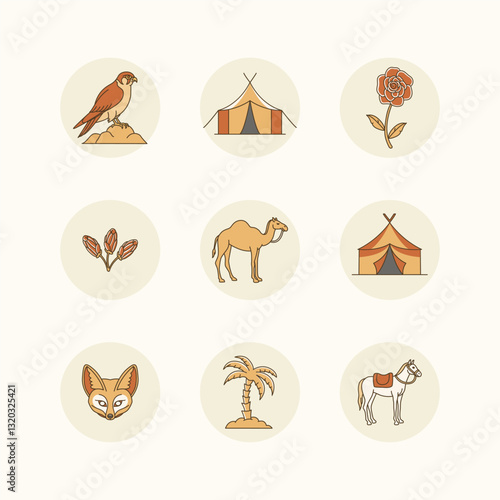 9 detailed icons showcasing iconic animals and nature in the Middle East.