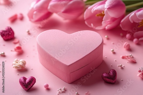 Valentine's Day Heart Gift Box with Pink Tulips and Romantic Atmosphere