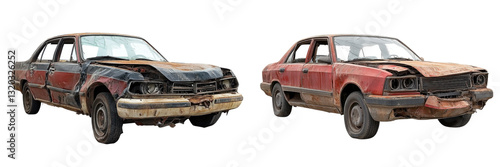 rusty damaged cars isolated on white background