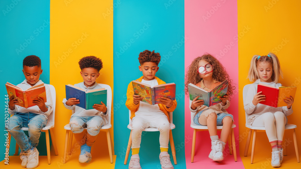 Fototapeta premium A diverse group of children engaged in reading colorful books while sitting on white chairs against a vibrant backdrop of yellow and pink stripes, promoting literacy