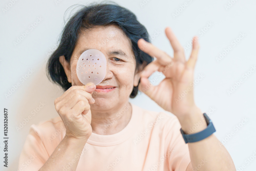 Elderly Woman with eye protective shield after eye surgery. Eye disease, Cataract, Glaucoma, Age Related Macular Degeneration, Diabetic Retinopathy, Vitreous, Lasik, World Glaucoma day and health Elderly Woman with eye protective shield after eye surgery. Eye disease, Cataract, Glaucoma, Age Related Macular Degeneration, Diabetic Retinopathy, Vitreous, Lasik, World Glaucoma day and health