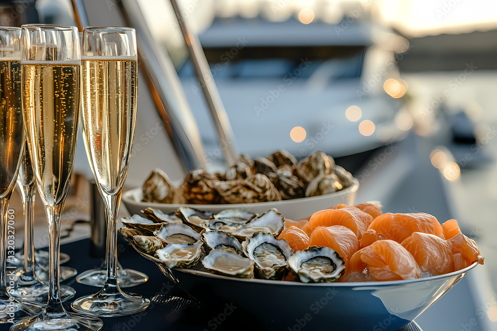 Fototapeta premium Luxurious Yacht Celebration: An elegant composition showcasing champagne flutes, fresh oysters, and salmon arranged on a table set against a blurred background of a yacht at sunset.