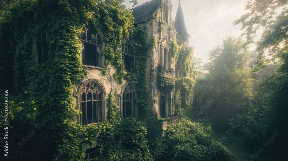 Fototapeta premium An overgrown mansion in a verdant forest with intricate architectural details