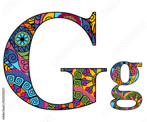 Vector image letter of the English alphabet with colorful vintage hand drawn pattern isolated on transparent background