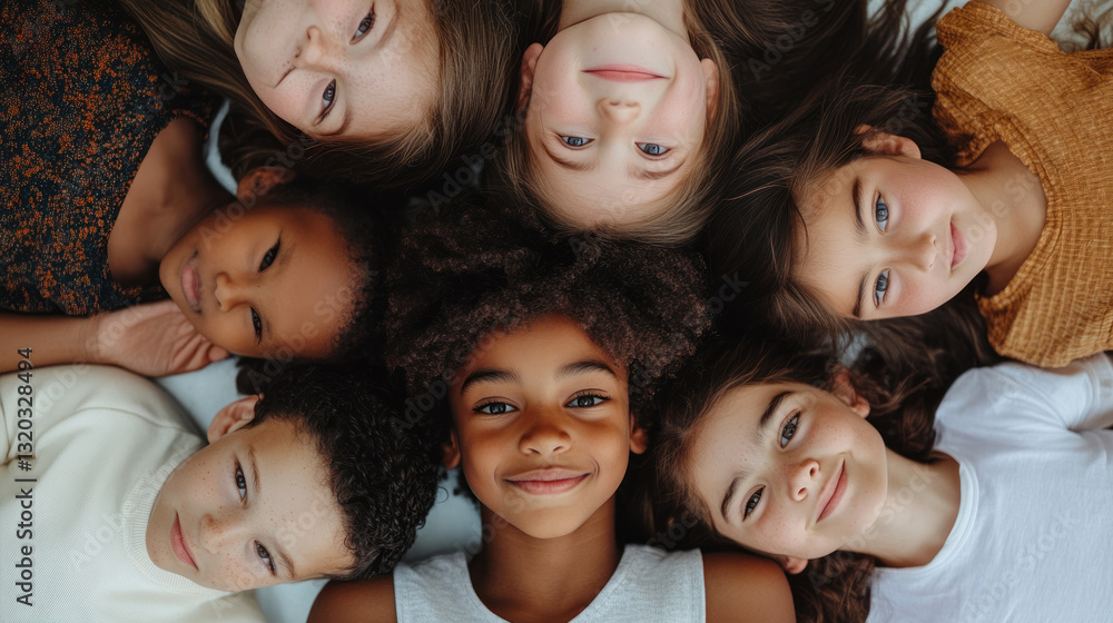 Obraz premium A diverse group of children lying in a circle on a soft surface, smiling and engaging with each other, creating a joyful atmosphere of friendship and togetherness
