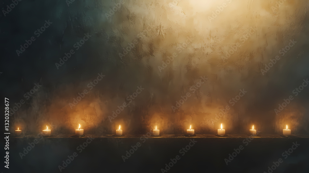 Obraz premium Candlelight Pathway: A mystical atmosphere is created by the soft, warm glow of lit candles, casting long shadows against a dark background. This image evokes feelings of serenity, guidance.