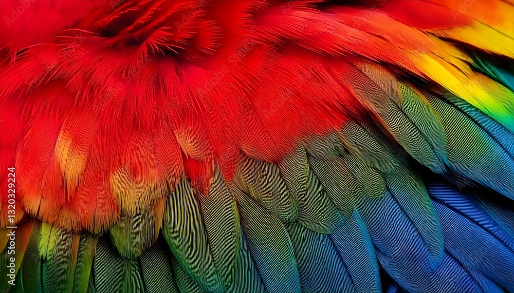 Obraz premium Vibrant Parrot Feather Close-Up Showing Overlapping Red, Yellow, and Blue Layers in High Detail