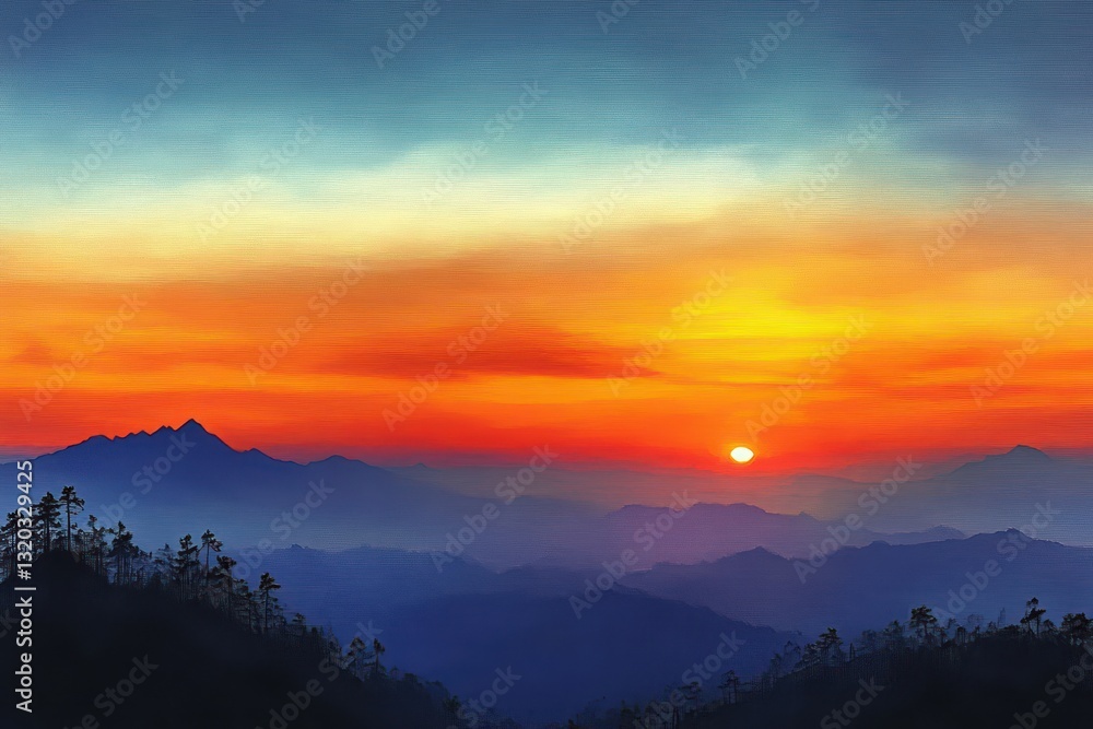 Stunning sunrise landscape with vibrant orange and blue sky over mountains and trees Stunning sunrise landscape with vibrant orange and blue sky over mountains and trees