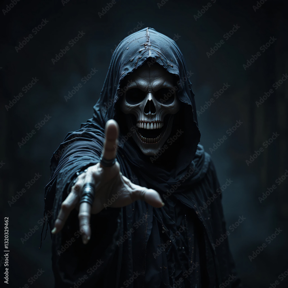 Grim Reaper Reaching Out in Dark Hooded Robe for Halloween Concept Grim Reaper Reaching Out in Dark Hooded Robe for Halloween Concept