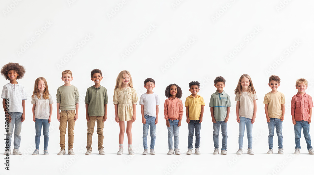 Obraz premium A diverse group of children standing in a line against a white background, showcasing various outfits and expressions, ideal for educational or promotional use