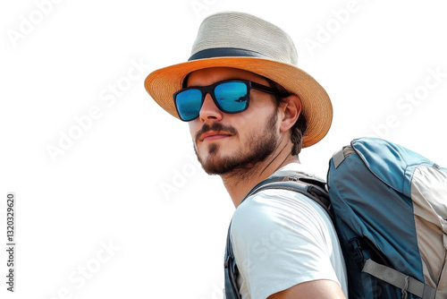 man with beard wearing straw hat and sunglasses on transparent background