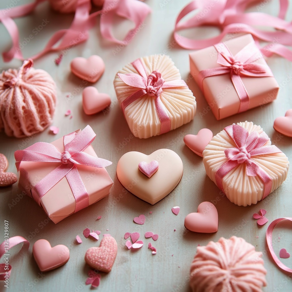 Valentine's Day Romantic Gifts with Pink Ribbons and Heart Decorations on Soft Background Valentine's Day Romantic Gifts with Pink Ribbons and Heart Decorations on Soft Background