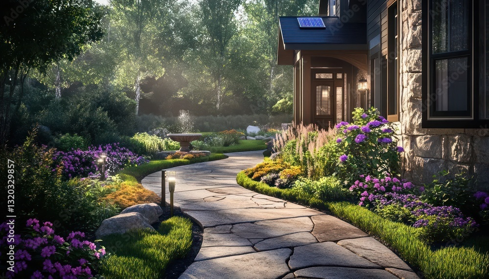Obraz premium A flagstone home pathway winds through a vibrant garden to the door 2. Generative AI