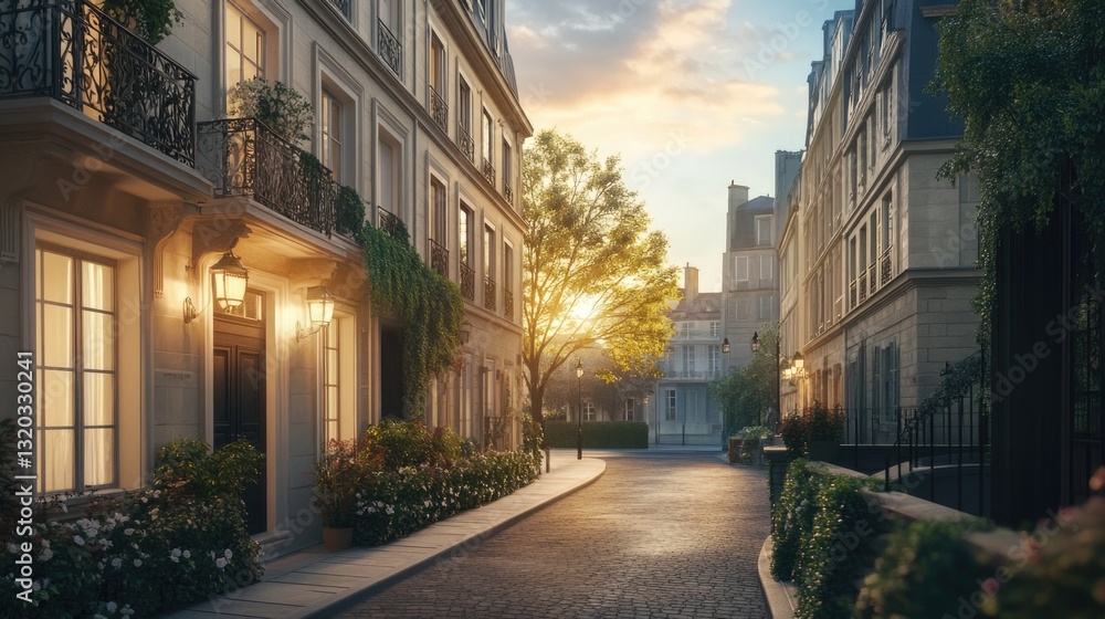 Fototapeta premium A picturesque cobblestone street scene featuring beautiful buildings at sunset