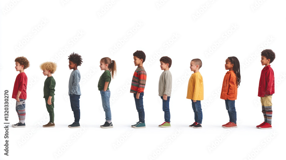 Obraz premium A diverse group of children standing in a line, showcasing various heights and styles, set against a bright white background, ideal for educational or marketing use