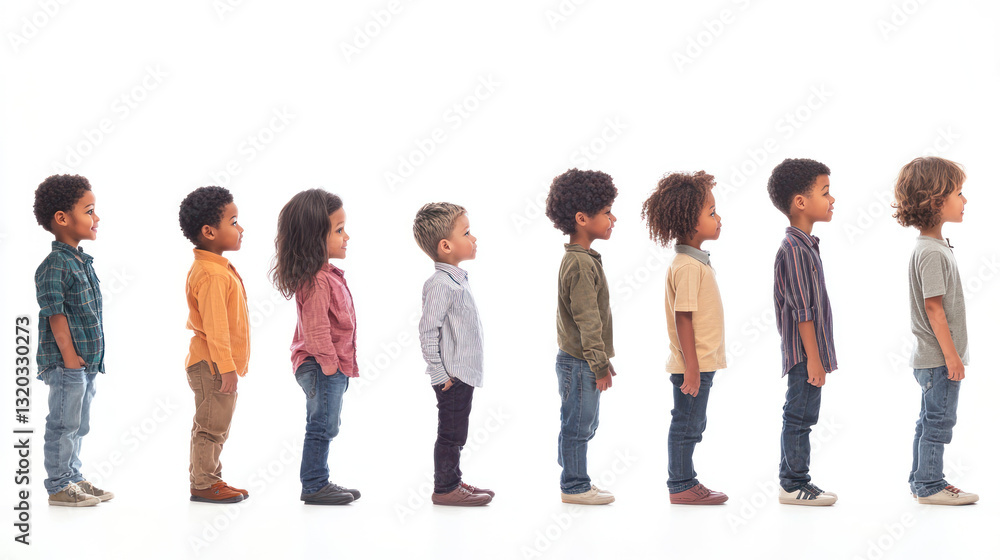 Fototapeta premium A diverse group of children standing in a line, showcasing various heights and styles, with a bright white background highlighting their individuality