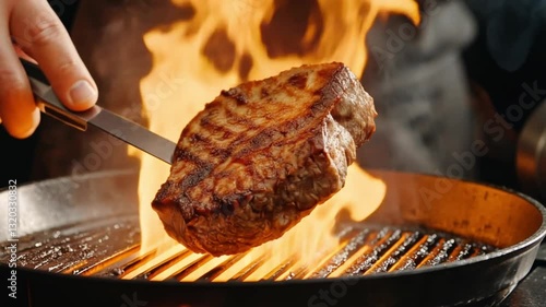 close up shot of professional chef in flambeing meat steak in grill