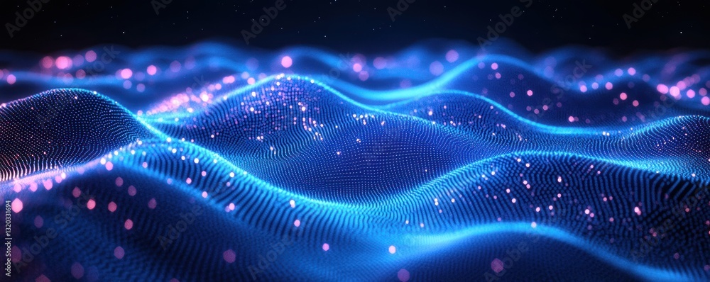 Fototapeta premium Futuristic Hexagonal Grid Wave with Glowing Particles and Neon Lights in a Surreal Digital Landscape