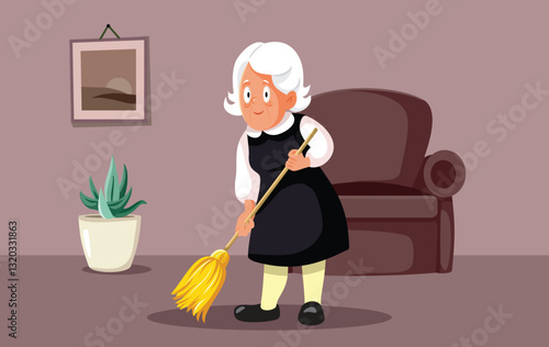 Elderly Woman Cleaning her Home Vector Cartoon Illustration. Senior granny working had being active employed as a maid 
