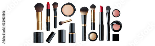 makeup brushes and cosmetics set on white background