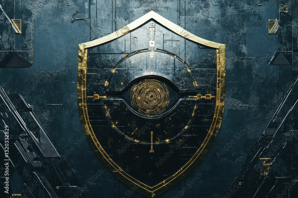 Naklejka premium Cybernetic shield design with robotic eye illustrates AI influence in cybersecurity domain