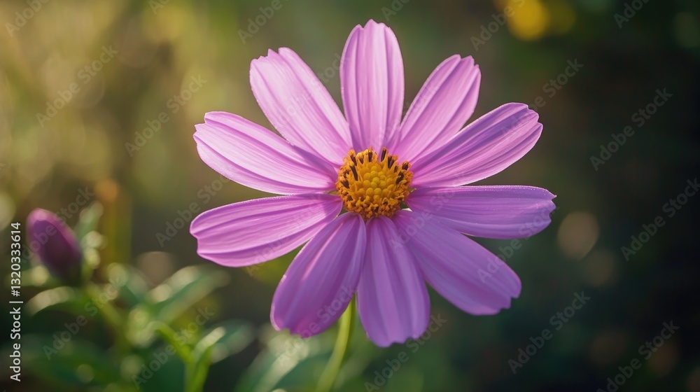 Obraz premium A vibrant pink flower with yellow center and green leaves