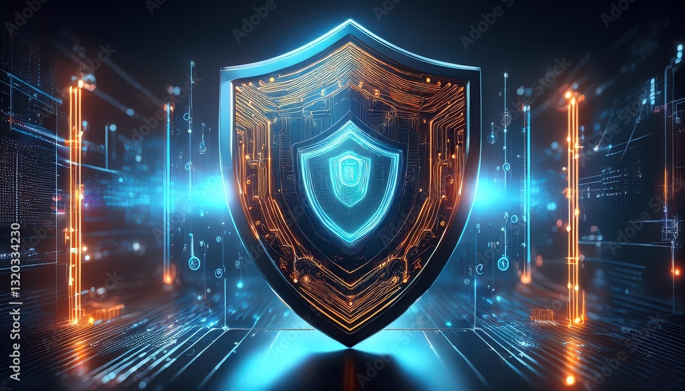 Fototapeta premium A futuristic digital shield symbolizing cybersecurity with glowing circuitry and neon accents, representing protection in the digital realm.
