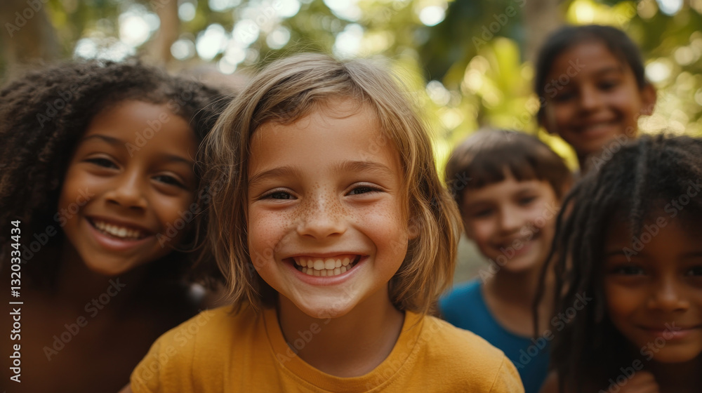 Fototapeta premium A group of cheerful children of diverse backgrounds smiling at the camera in a lush outdoor setting, with greenery and soft sunlight in the background