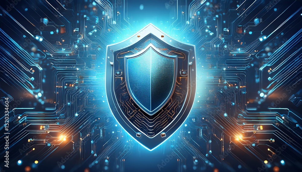 Fototapeta premium A digital shield symbolizing cybersecurity, surrounded by glowing circuits, representing protection and technology.