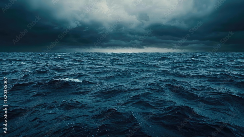 Fototapeta premium Dark sky idea. A dramatic view of dark ocean waves under an overcast sky, creating a moody atmosphere.
