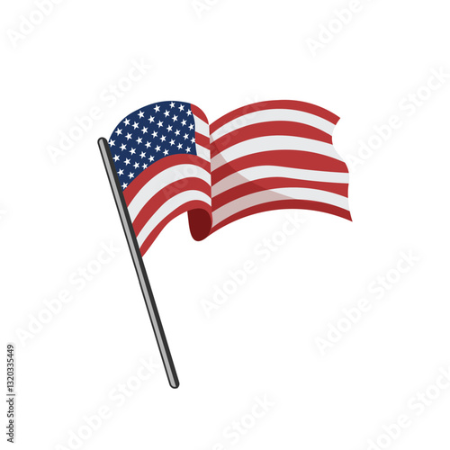 flat cartoon illustration of the American flag flying with a pole
