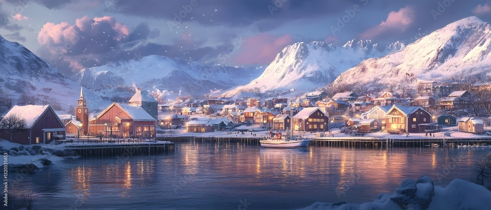 Obraz premium Picturesque snowbound town nestled in the scenic Norwegian fjords with a calm lake traditional architecture and a glowing winter sunset sky Cozy and festive holiday destination in Scandinavia