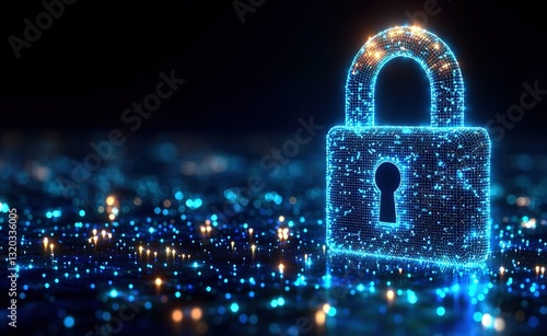 Glowing polygonal wireframe padlock with interconnected dots and lines on abstract blue background, cybersecurity concept vector design for data protection, network security banners or futuristic tech