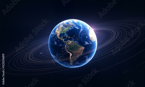 A realistic Earth with satellite and light lines.