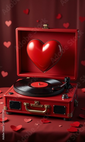 A red heart is displayed on an old fashion record player.