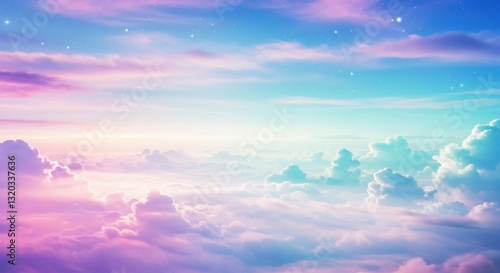パステルカラーの空、柔らかな光が雲を彩る幻想的な風景