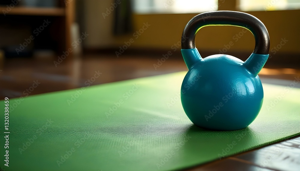 Fototapeta premium A kettlebell placed on a yoga mat, representing fitness and mindfulness on International Yoga Day